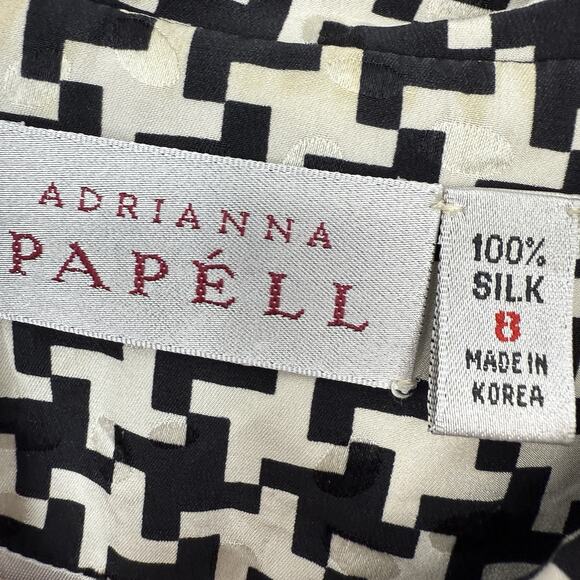 Adrianna Papell Silk Button up Top size 8 Black White Houndstooth Collared - Picture 7 of 10